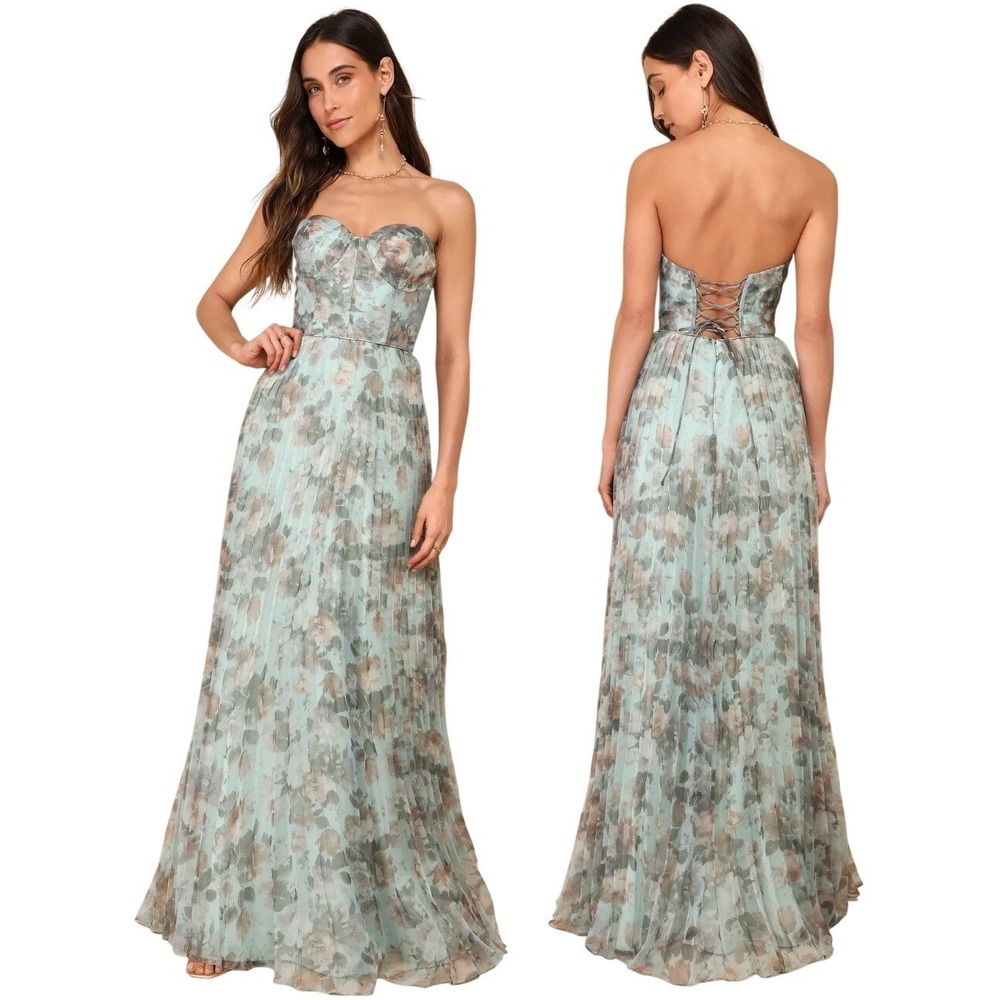 Lulus Most Beautiful Day Sage Multi Floral Print‎ Organza Maxi Dress Large NWT